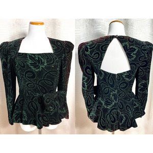 Vintage Patra 1980's Cocktail Velvet Backless Top with Paisley Sequin & Peplum